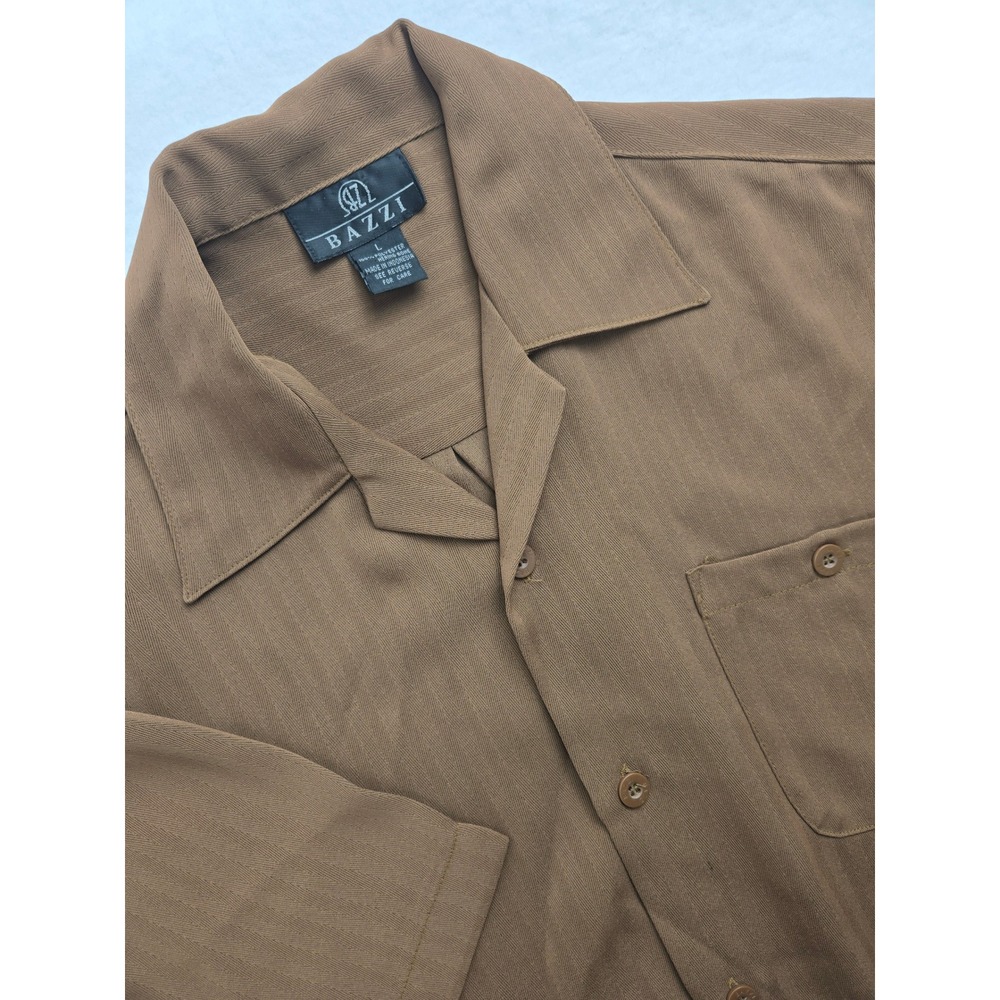BAZZI Mens Brown Herringbone Short Sleeve‎ Button Up Shirt Large L Casual
